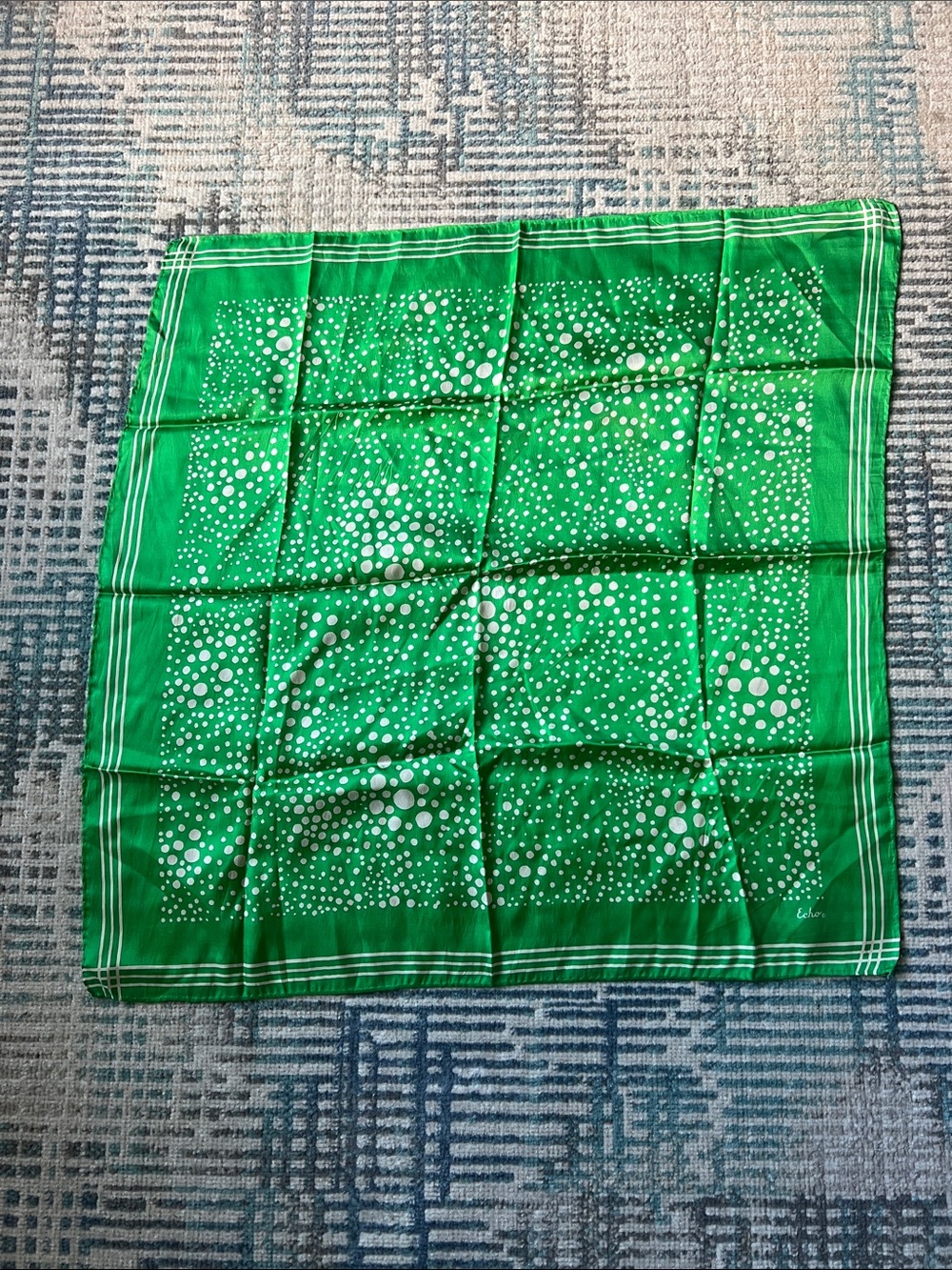 Vintage Echo Silk Scarf Green White Polka Dot 25.5” Square Hand Rolled